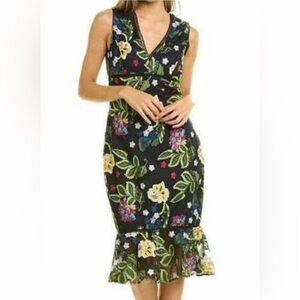 Badgley Mischka Black Floral V-Neck Midi Dress